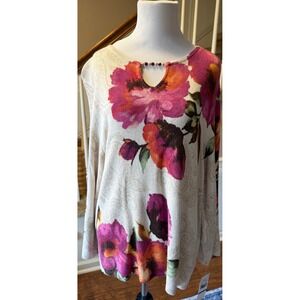 Alfred Dunner Petite PXL Cream Floral Print Rhinestone Keyhole Sweater Top